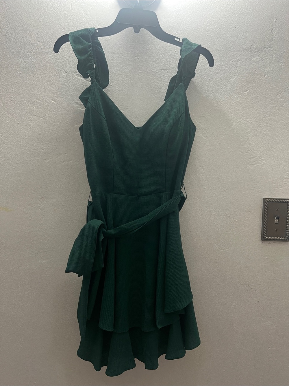Green V-Neck Ruffle Strap Dress with Tie Waist